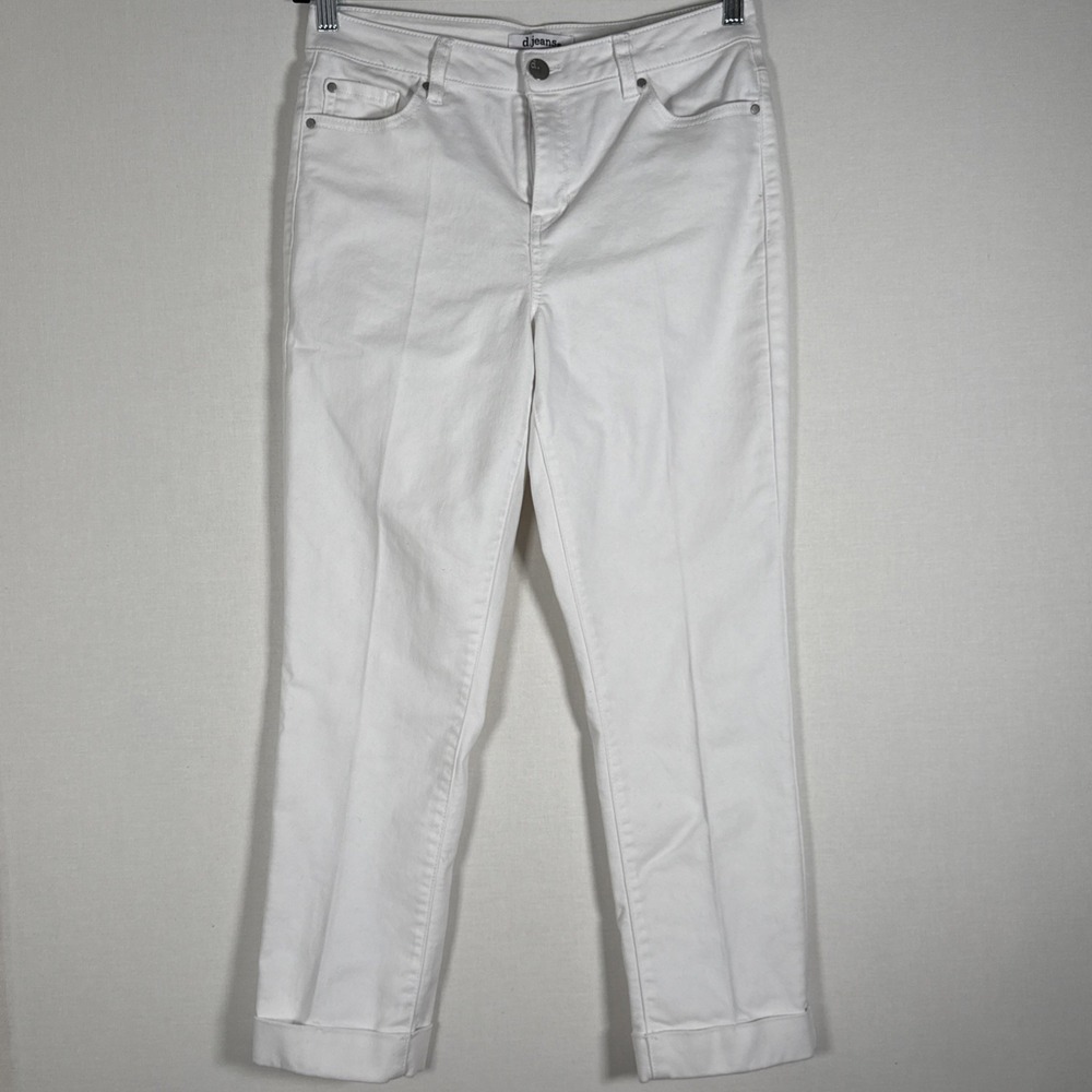 D.JEANS White Denim Straight Leg Stretch Jeans Women's 8 Mid Rise Ankle Cuff